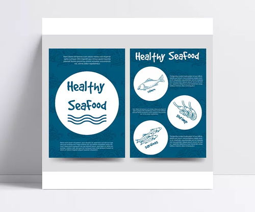 創(chuàng)意卡通海洋食品海報(bào)矢量素材 藍(lán)底,圓形,波浪,海鮮,魚類,蝦,手繪,矢量圖形,餐飲,美食,健康,廣告海報(bào),矢量素材 難追難回菋
